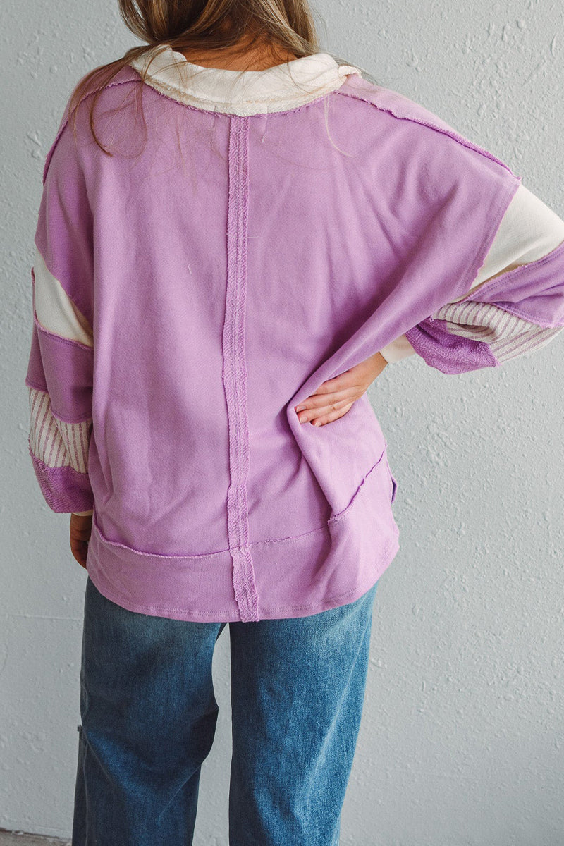 Deborah® | Casual tops with street stripe patchwork contrast turn-down collar