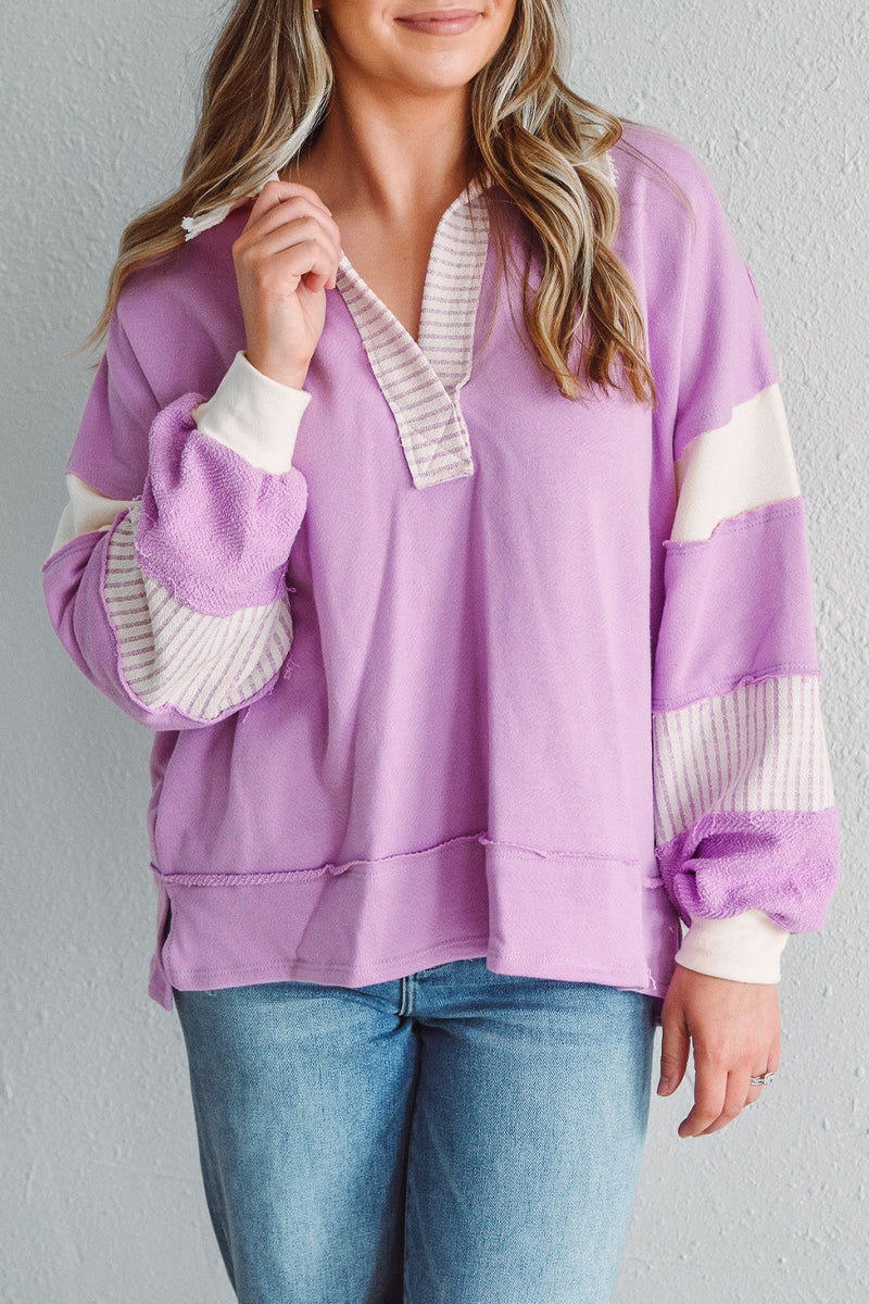 Deborah® | Casual tops with street stripe patchwork contrast turn-down collar