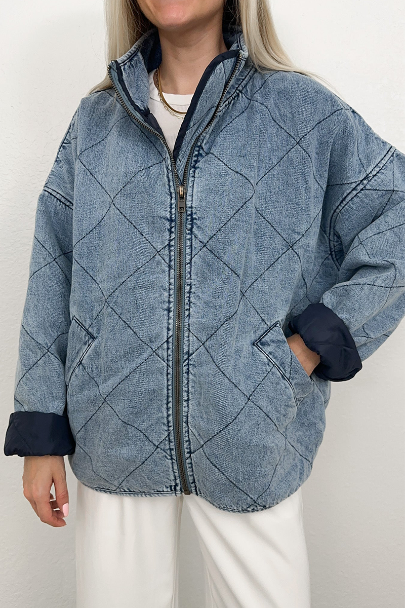 Denise® | Casual solid color outerwear with distressed zipper and turn-down collar