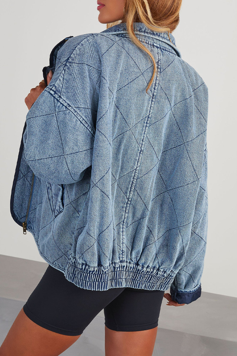 Denise® | Casual solid color outerwear with distressed zipper and turn-down collar