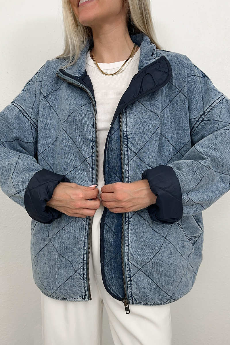 Denise® | Casual solid color outerwear with distressed zipper and turn-down collar