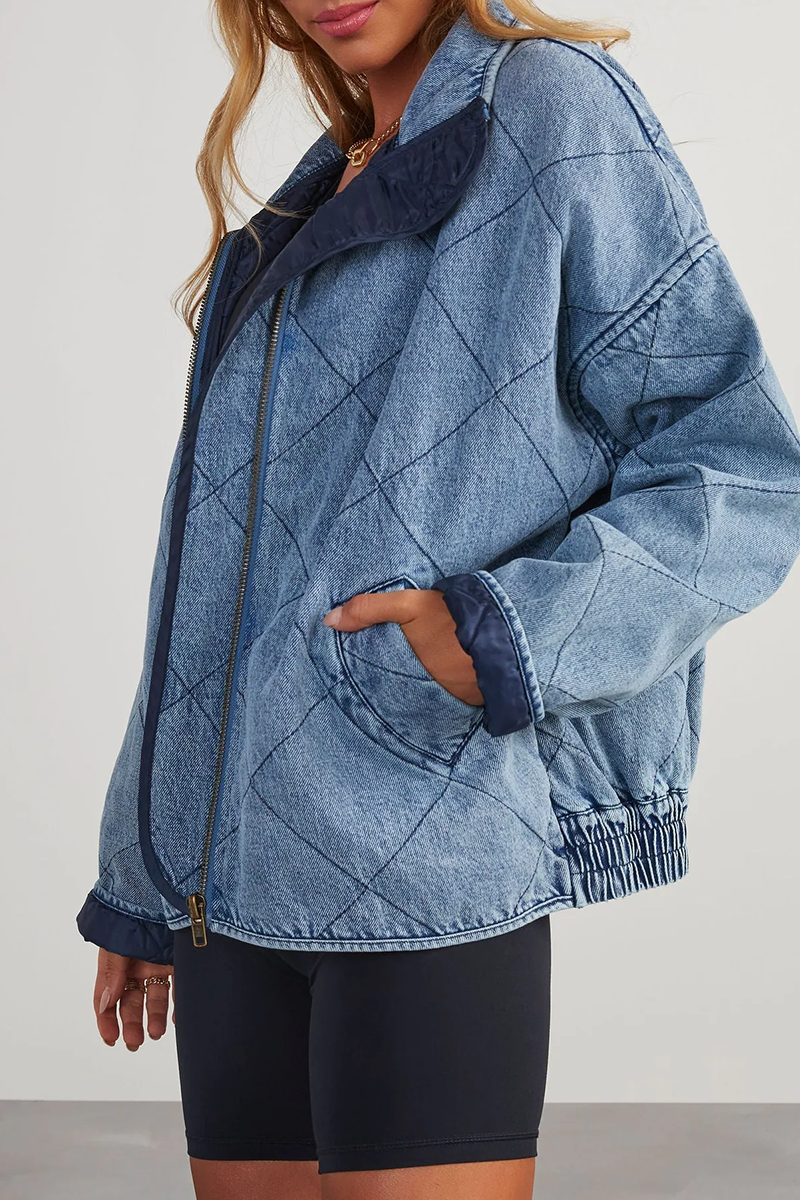 Denise® | Casual solid color outerwear with distressed zipper and turn-down collar
