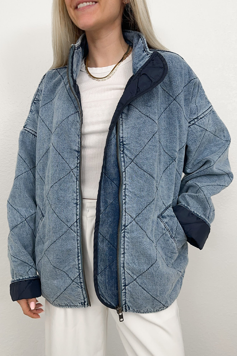 Denise® | Casual solid color outerwear with distressed zipper and turn-down collar