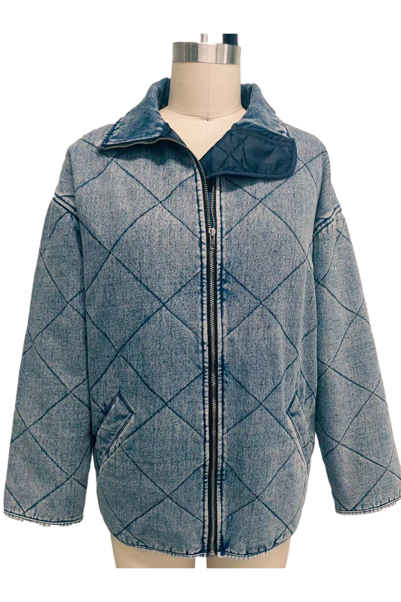 Denise® | Casual solid color outerwear with distressed zipper and turn-down collar
