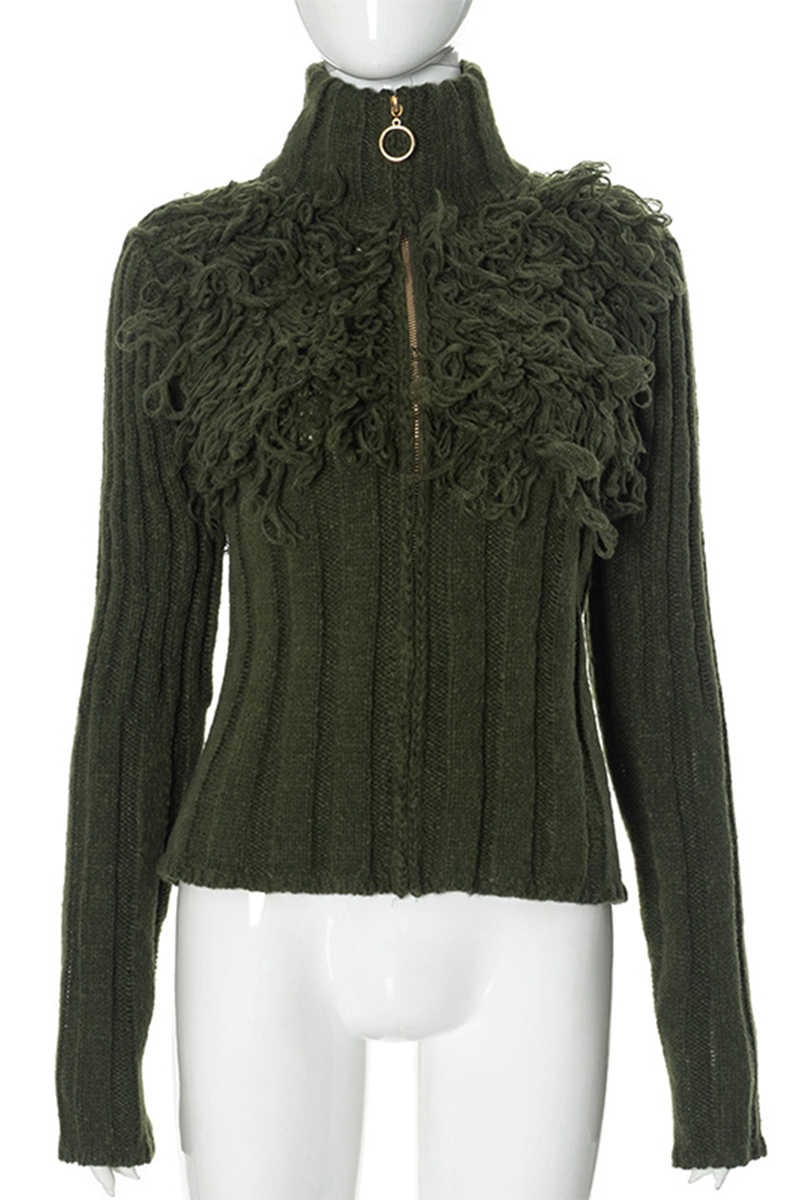 Desirée® | Casual solid color turtleneck sweaters with fringe trim and zip fastening