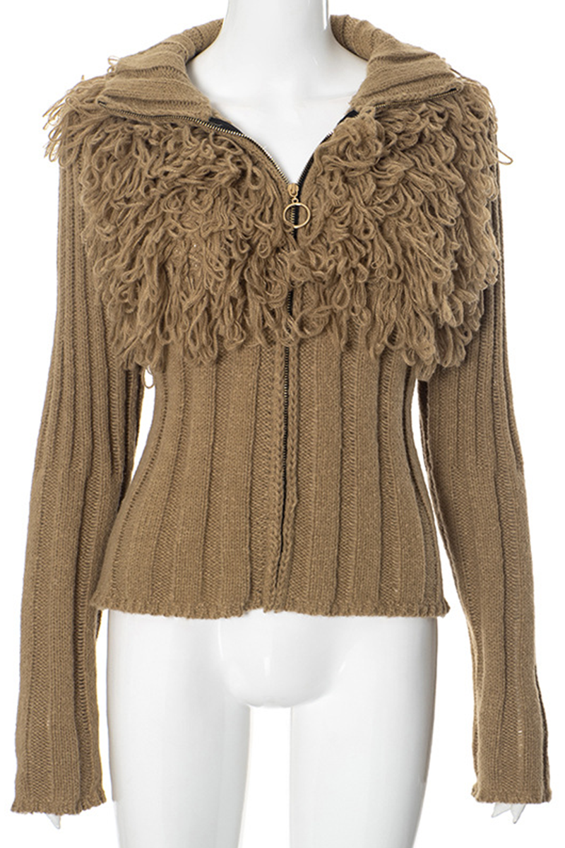 Desirée® | Casual solid color turtleneck sweaters with fringe trim and zip fastening
