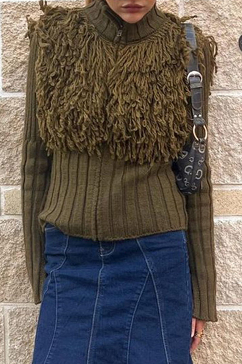 Desirée® | Casual solid color turtleneck sweaters with fringe trim and zip fastening