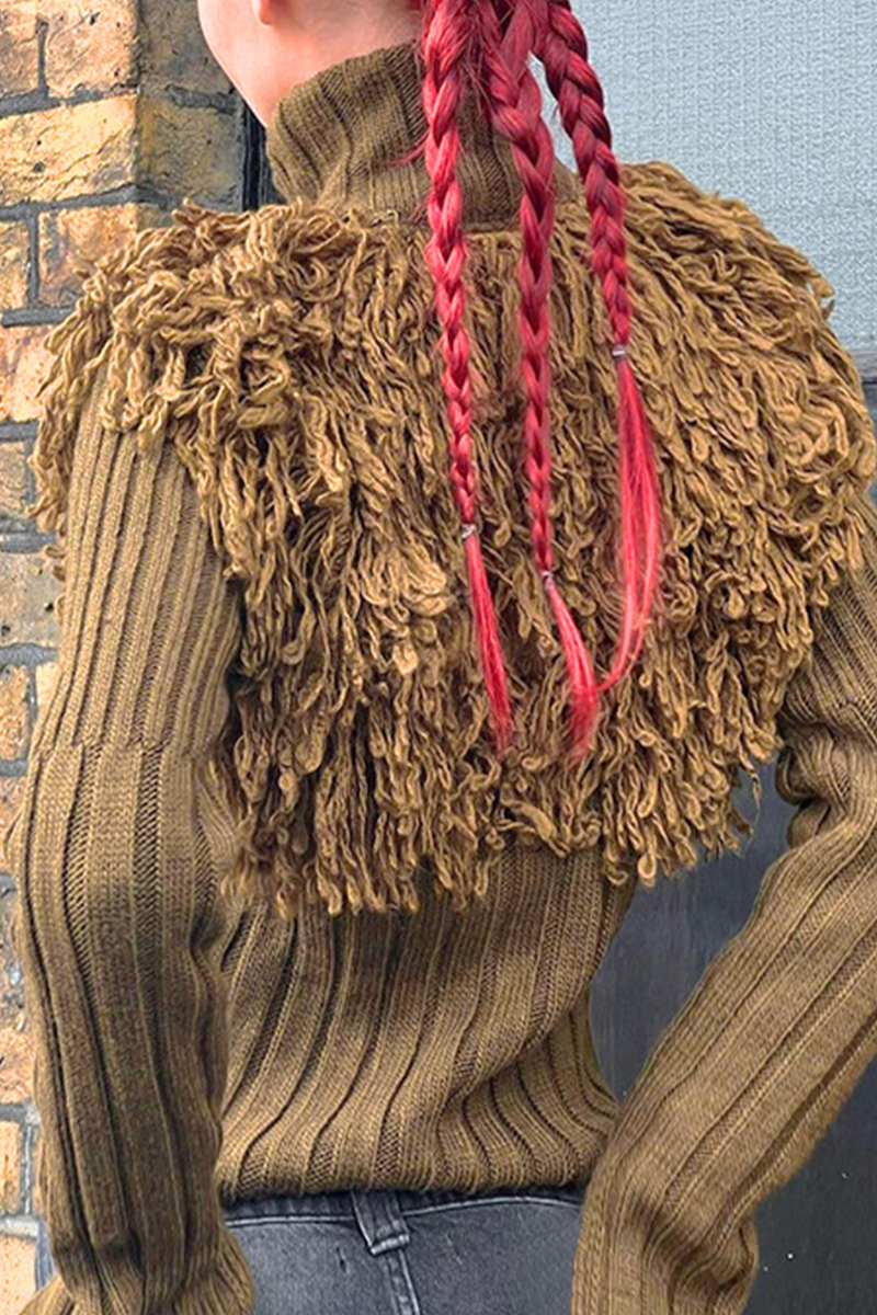 Desirée® | Casual solid color turtleneck sweaters with fringe trim and zip fastening