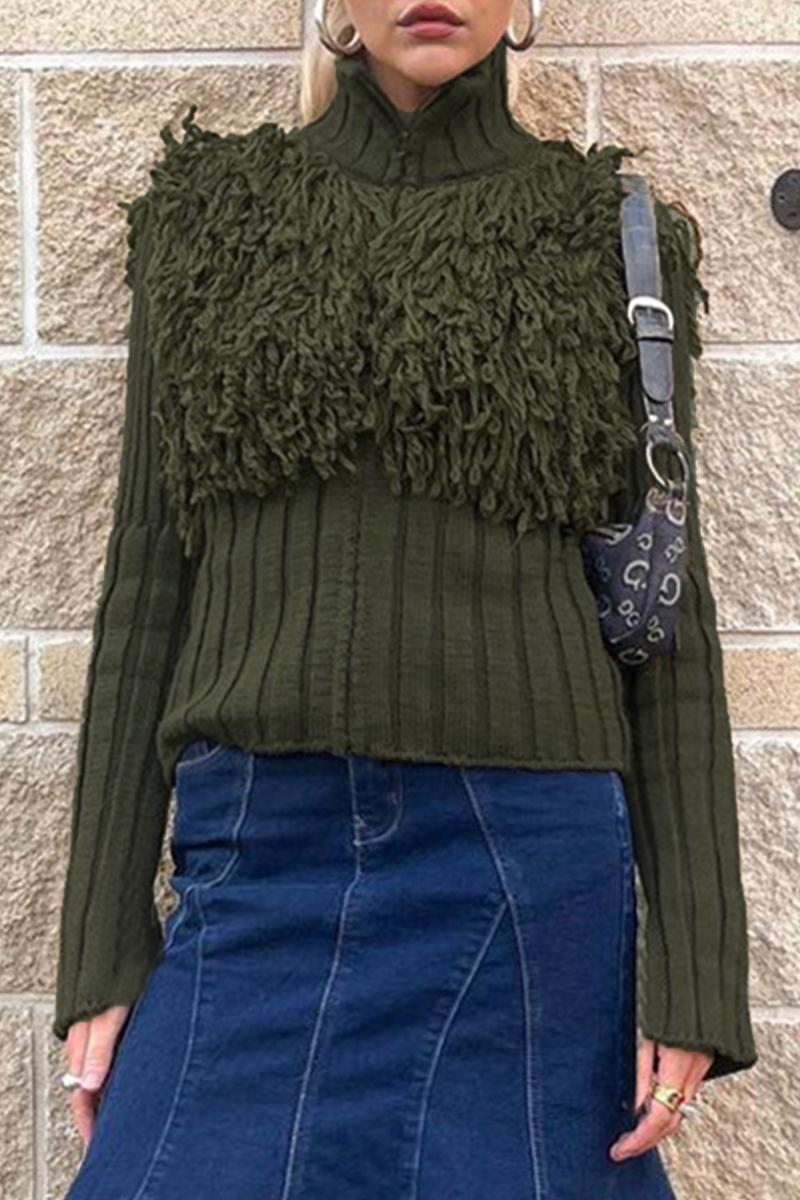Desirée® | Casual solid color turtleneck sweaters with fringe trim and zip fastening