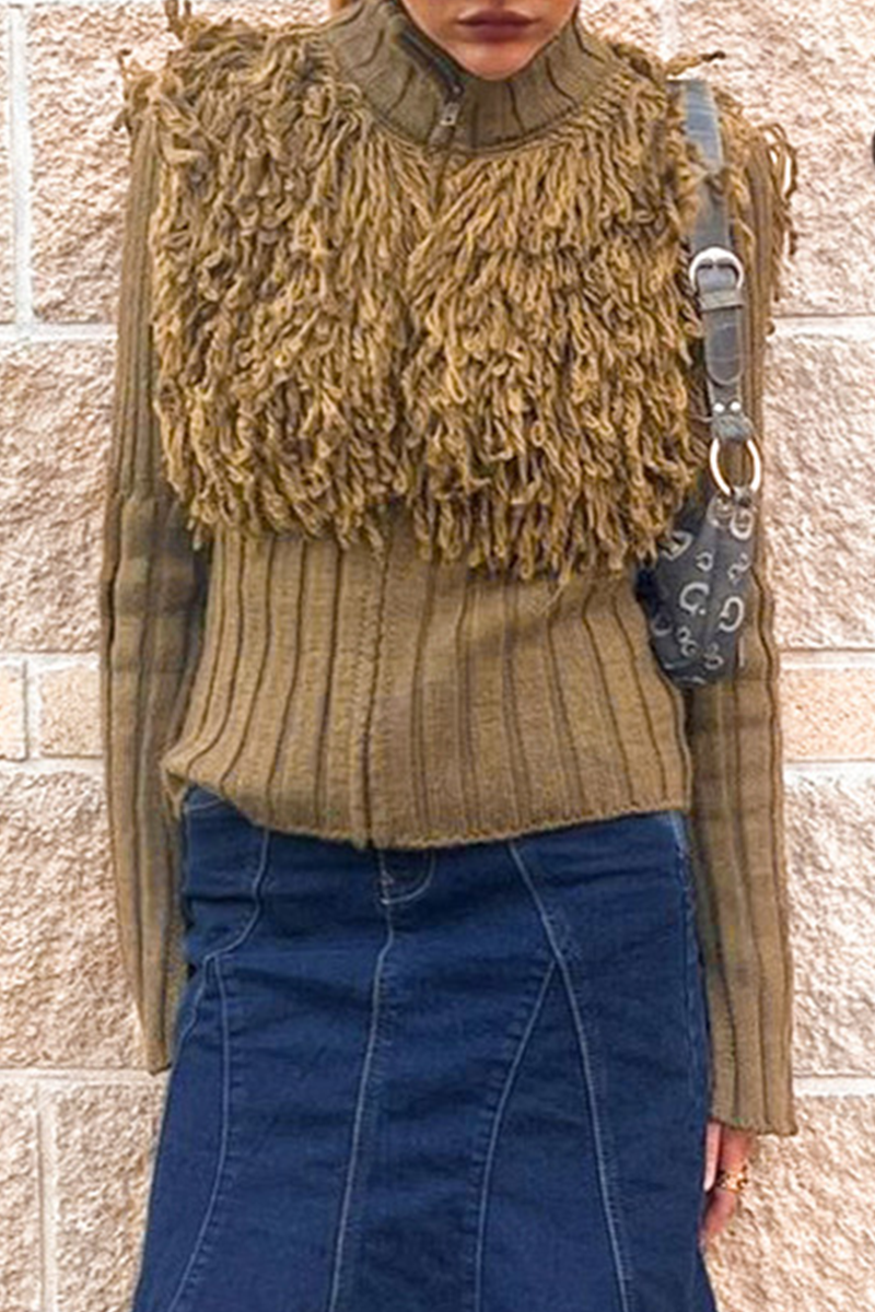 Desirée® | Casual solid color turtleneck sweaters with fringe trim and zip fastening