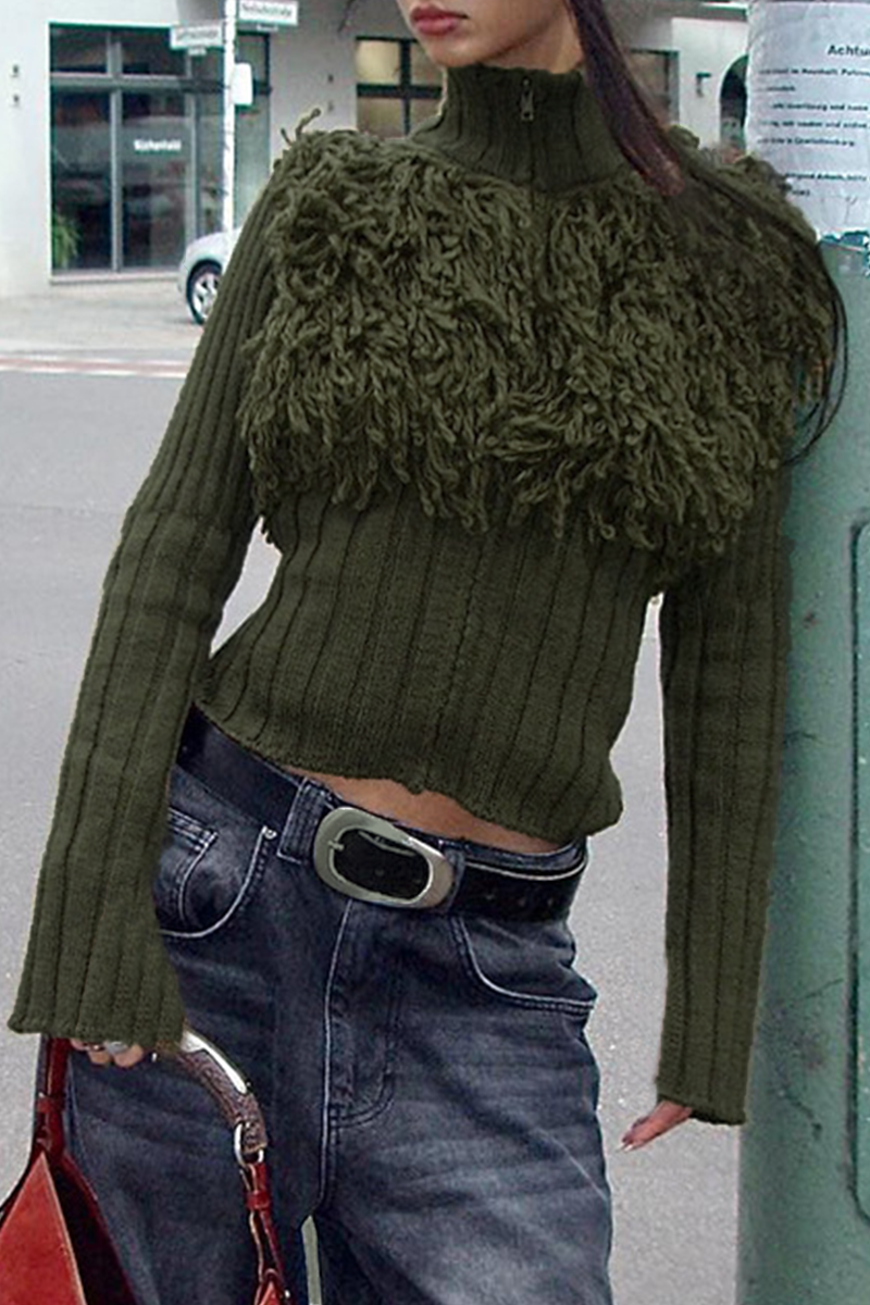 Desirée® | Casual solid color turtleneck sweaters with fringe trim and zip fastening