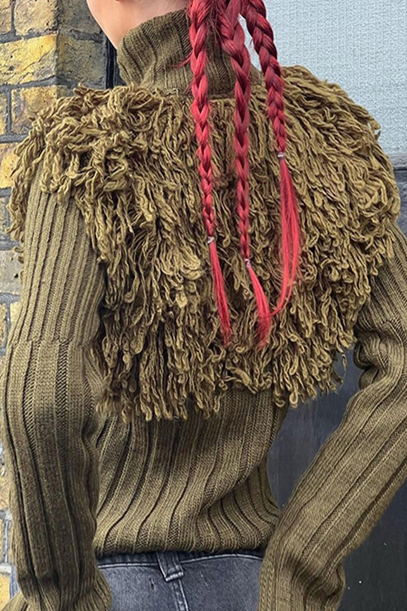 Desirée® | Casual solid color turtleneck sweaters with fringe trim and zip fastening