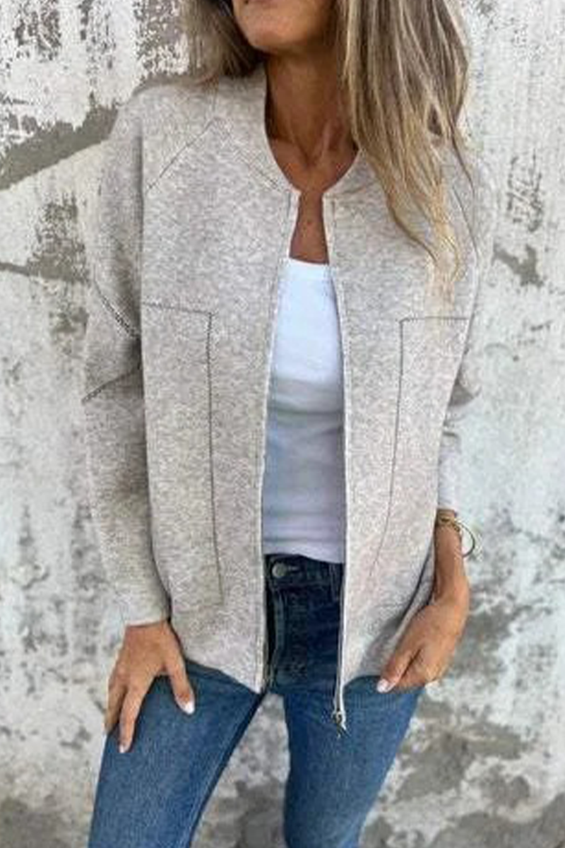 Dora® | Casual daily solid color outerwear with pocket patchwork zipper and O-neck