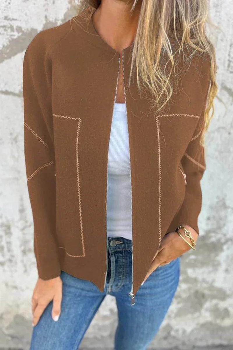 Dora® | Casual daily solid color outerwear with pocket patchwork zipper and O-neck