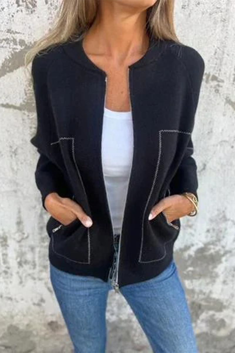 Dora® | Casual daily solid color outerwear with pocket patchwork zipper and O-neck