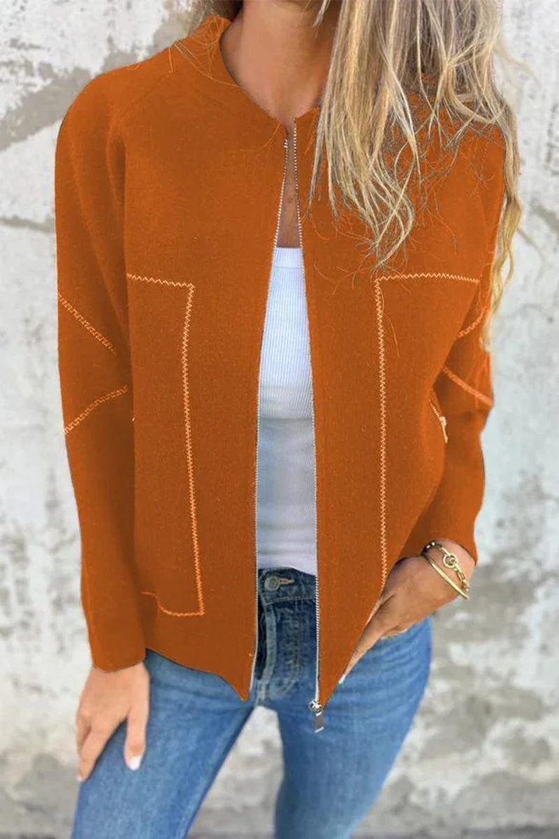 Dora® | Casual daily solid color outerwear with pocket patchwork zipper and O-neck