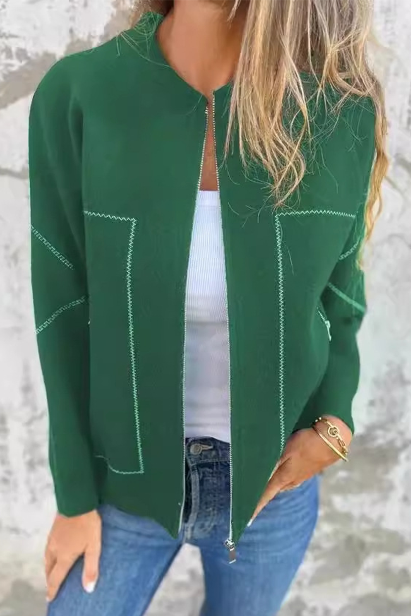 Dora® | Casual daily solid color outerwear with pocket patchwork zipper and O-neck