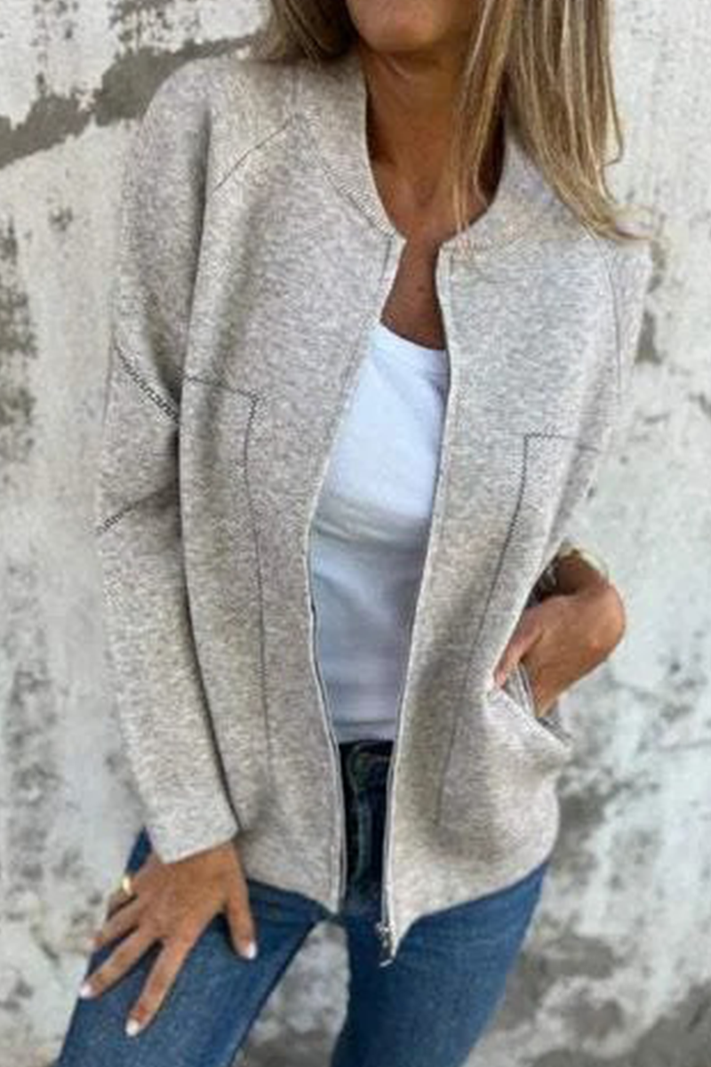 Dora® | Casual daily solid color outerwear with pocket patchwork zipper and O-neck