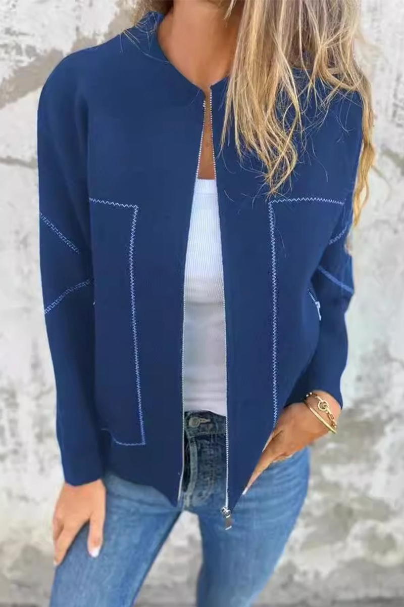 Dora® | Casual daily solid color outerwear with pocket patchwork zipper and O-neck