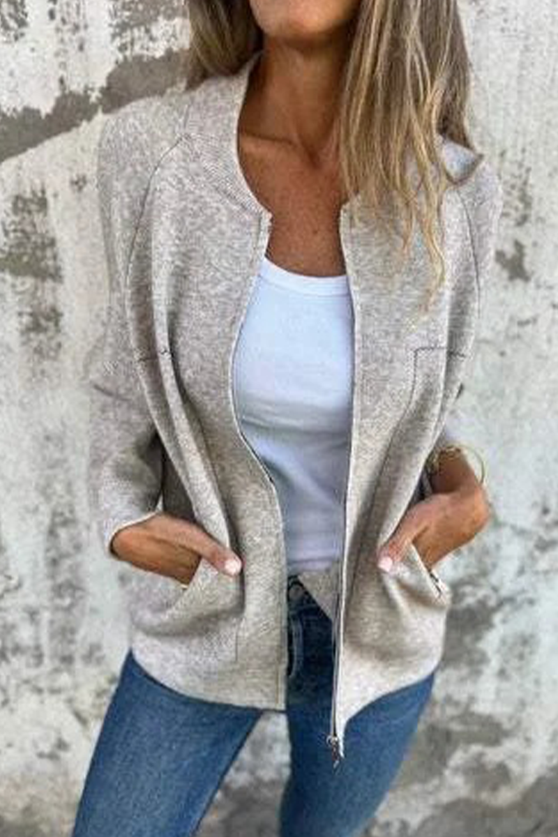 Dora® | Casual daily solid color outerwear with pocket patchwork zipper and O-neck