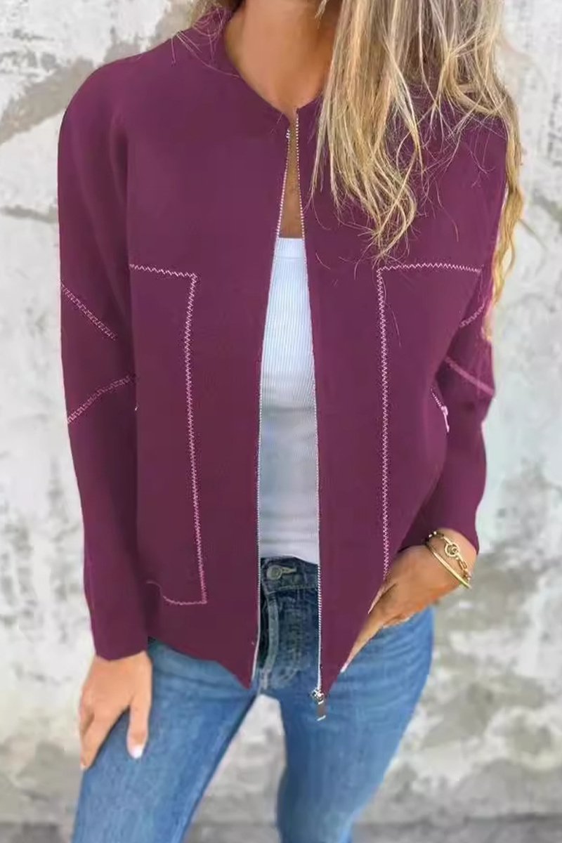 Dora® | Casual daily solid color outerwear with pocket patchwork zipper and O-neck
