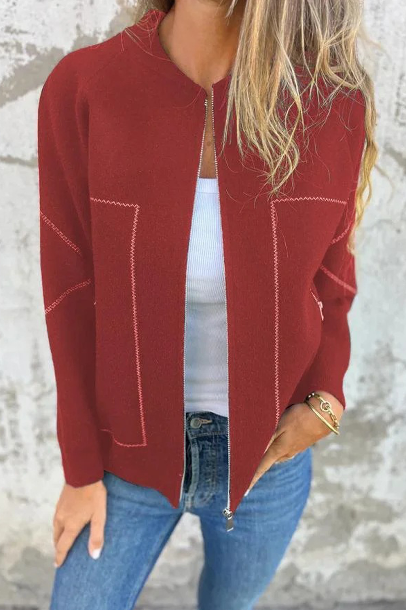 Dora® | Casual daily solid color outerwear with pocket patchwork zipper and O-neck