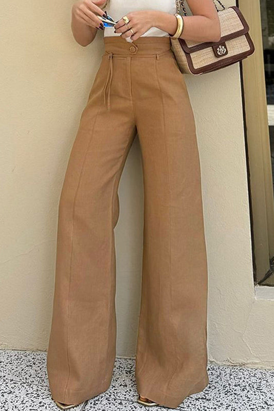 Doris® | Casual, daily, solid color, with pockets, lace-up buttons, loose, solid color, high waist trousers with speakers