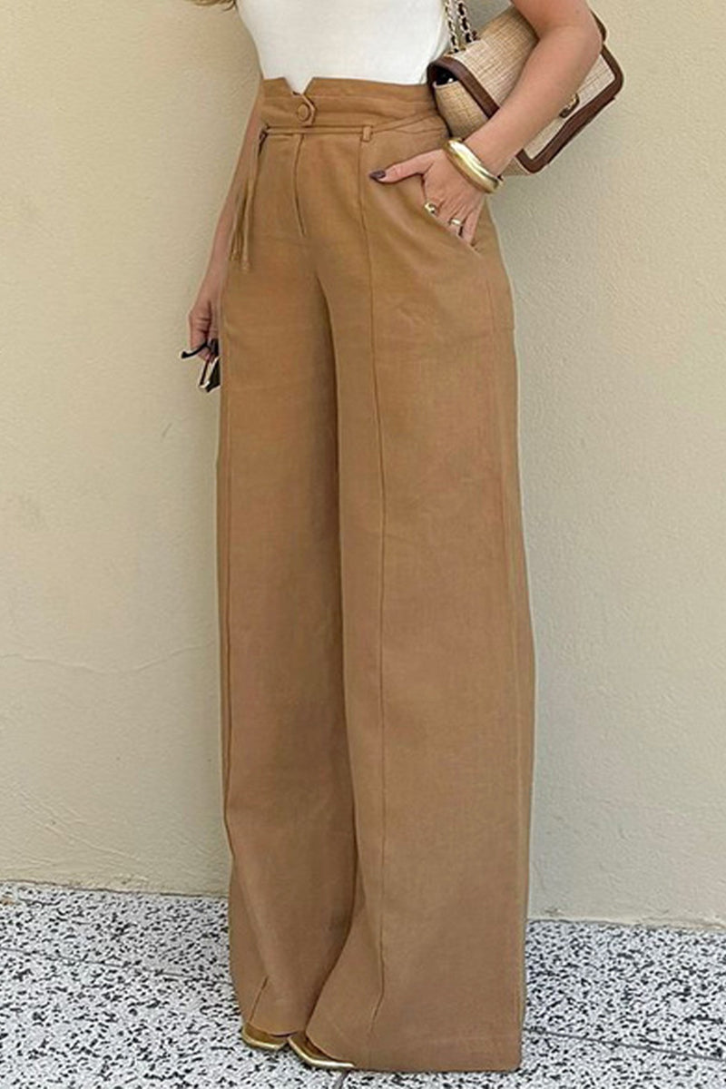 Doris® | Casual, daily, solid color, with pockets, lace-up buttons, loose, solid color, high waist trousers with speakers