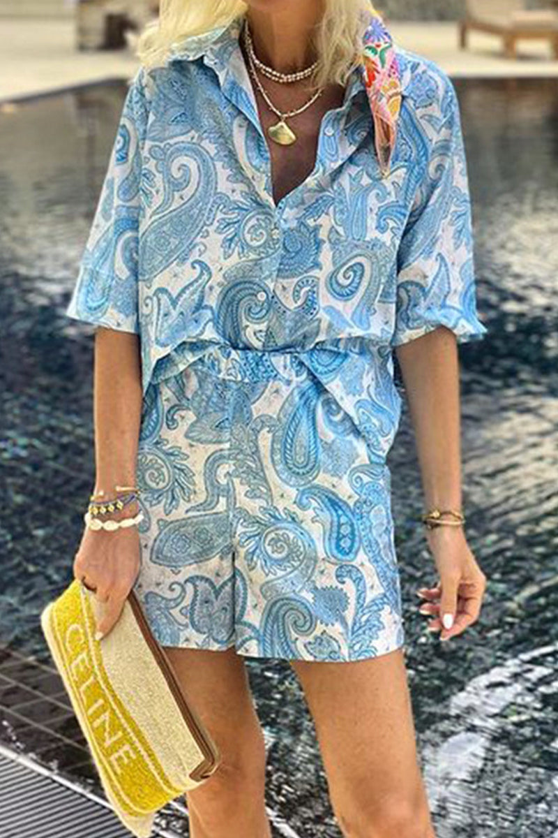 Ariadna® | Casual everyday two-piece suit with floral print, pocket, turn-down collar, short sleeves