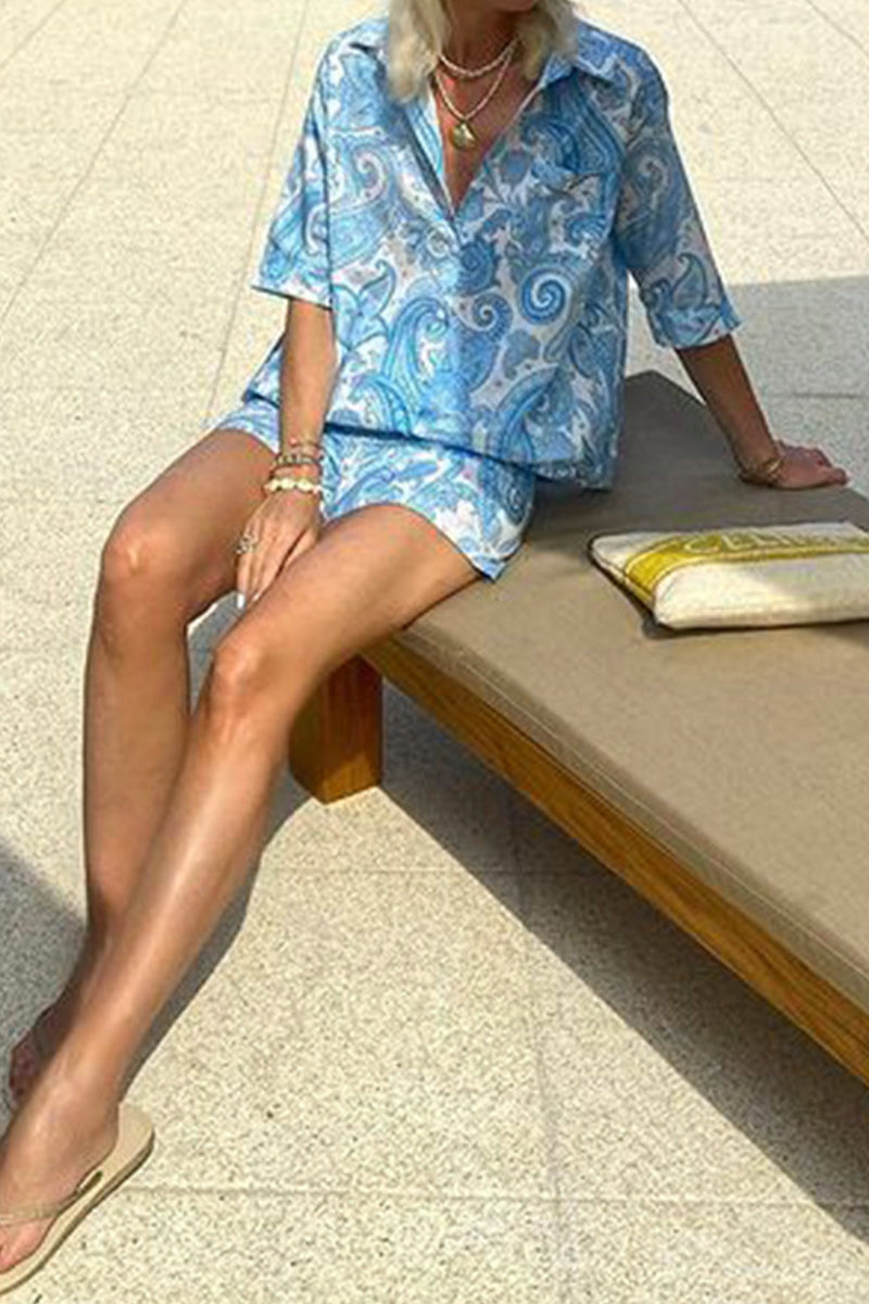 Ariadna® | Casual everyday two-piece suit with floral print, pocket, turn-down collar, short sleeves