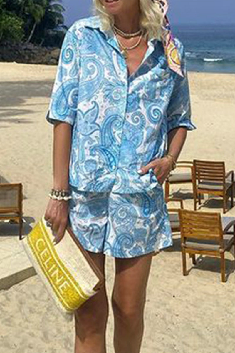 Ariadna® | Casual everyday two-piece suit with floral print, pocket, turn-down collar, short sleeves