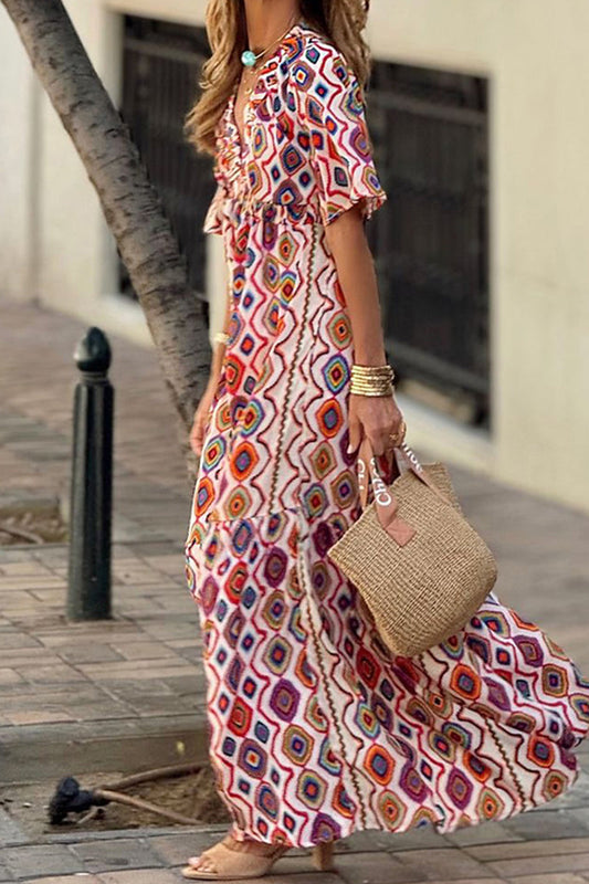 Adelina® | Casual, backless A-line dress with diamond pattern and V-neck