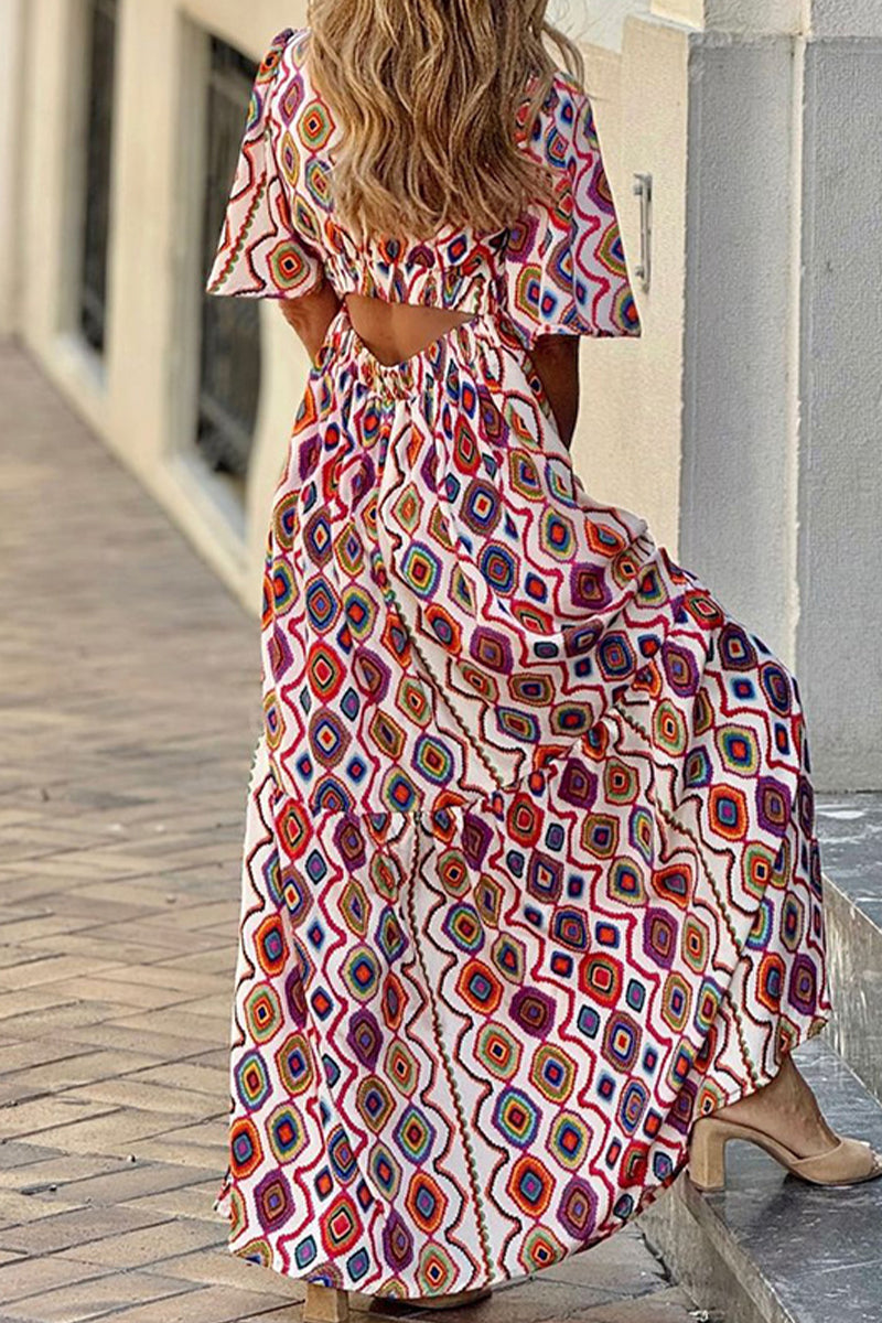 Adelina® | Casual, backless A-line dress with diamond pattern and V-neck