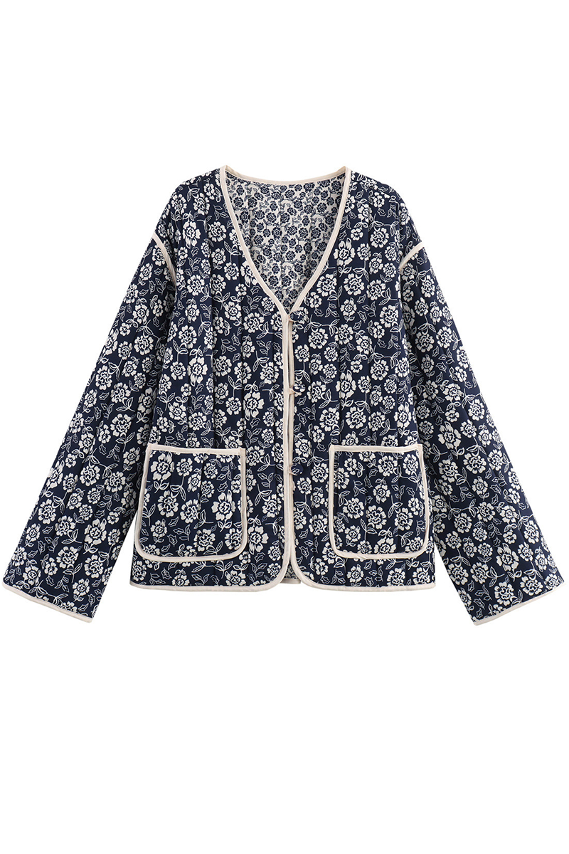 Ela® | Casual street floral pocket patchwork V-neck outerwear
