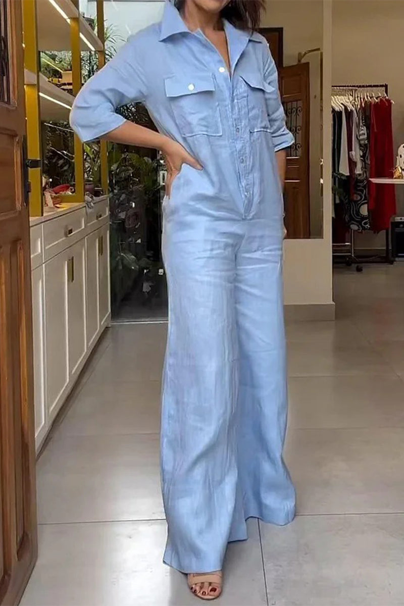 Elizabeth® | Casual daily solid color loose jumpsuits with turn-down collar and pockets