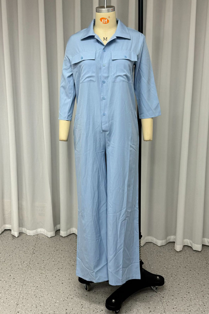 Elizabeth® | Casual daily solid color loose jumpsuits with turn-down collar and pockets