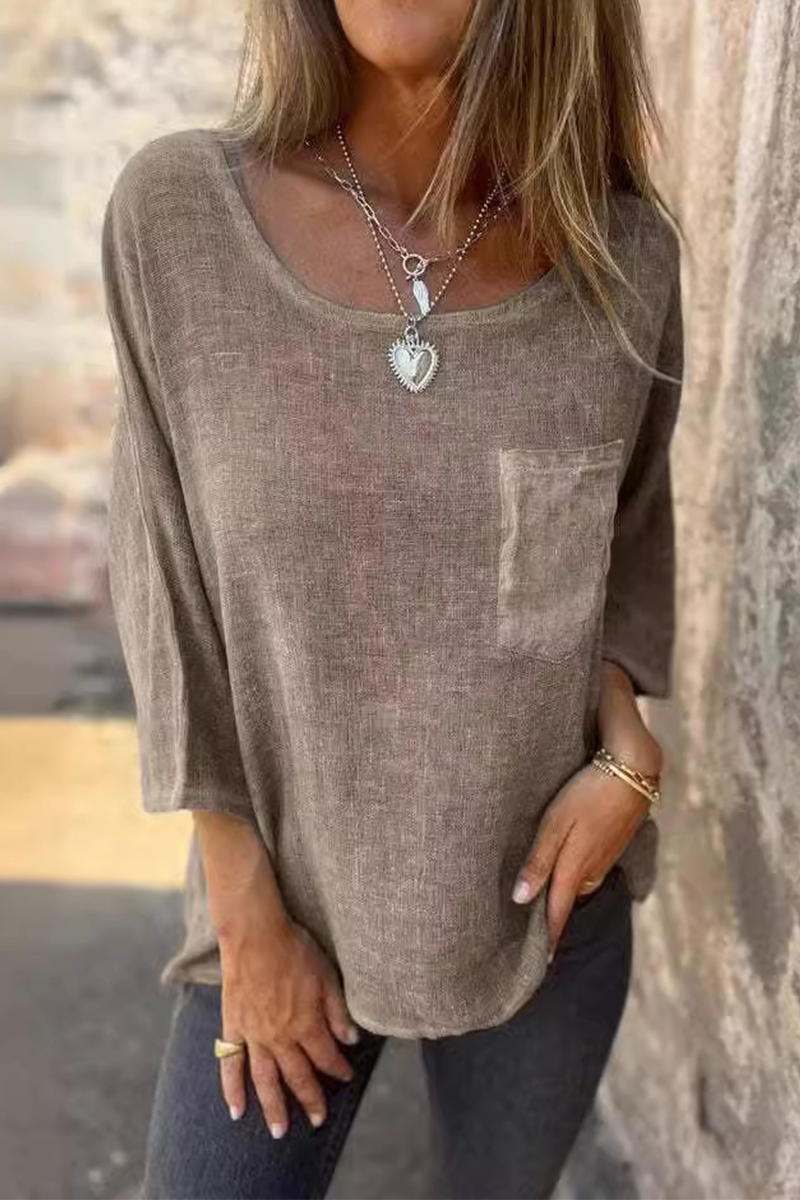 Elke® | Casual plain O-neck t-shirts with pocket