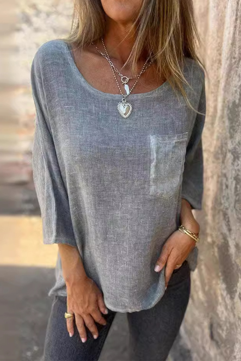 Elke® | Casual plain O-neck t-shirts with pocket