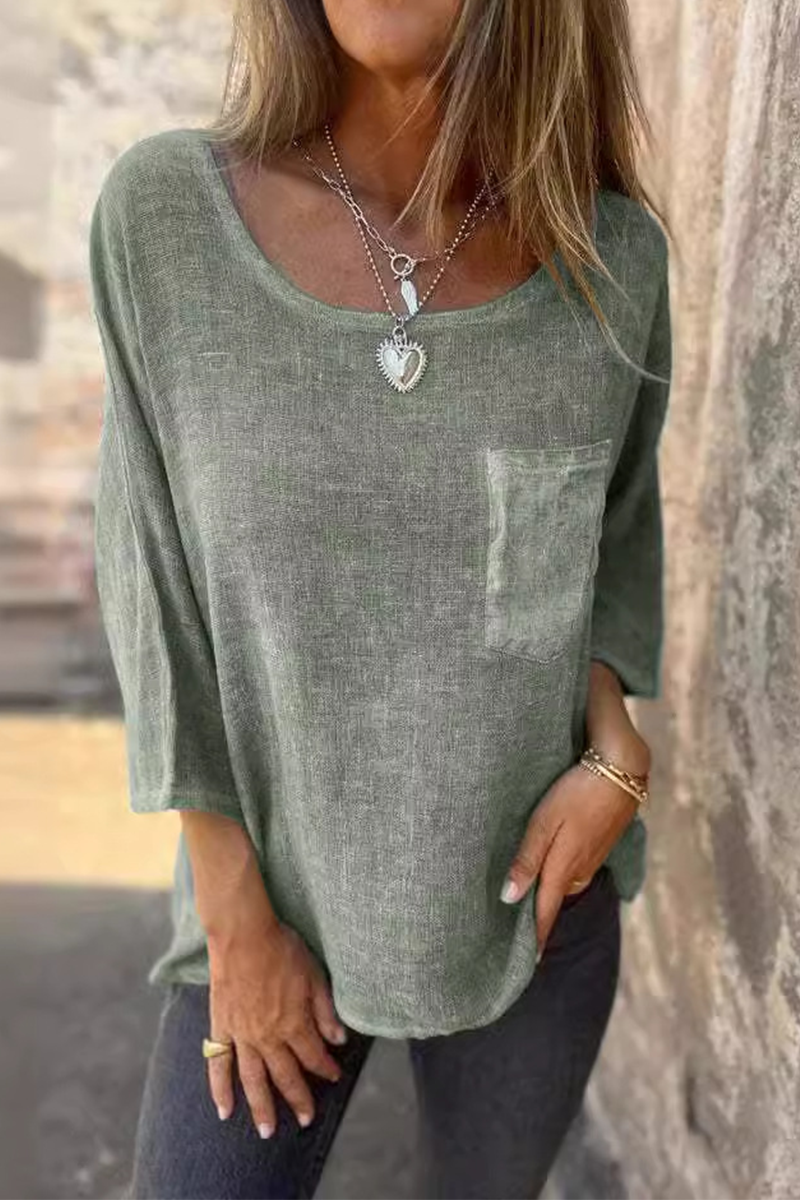 Elke® | Casual plain O-neck t-shirts with pocket