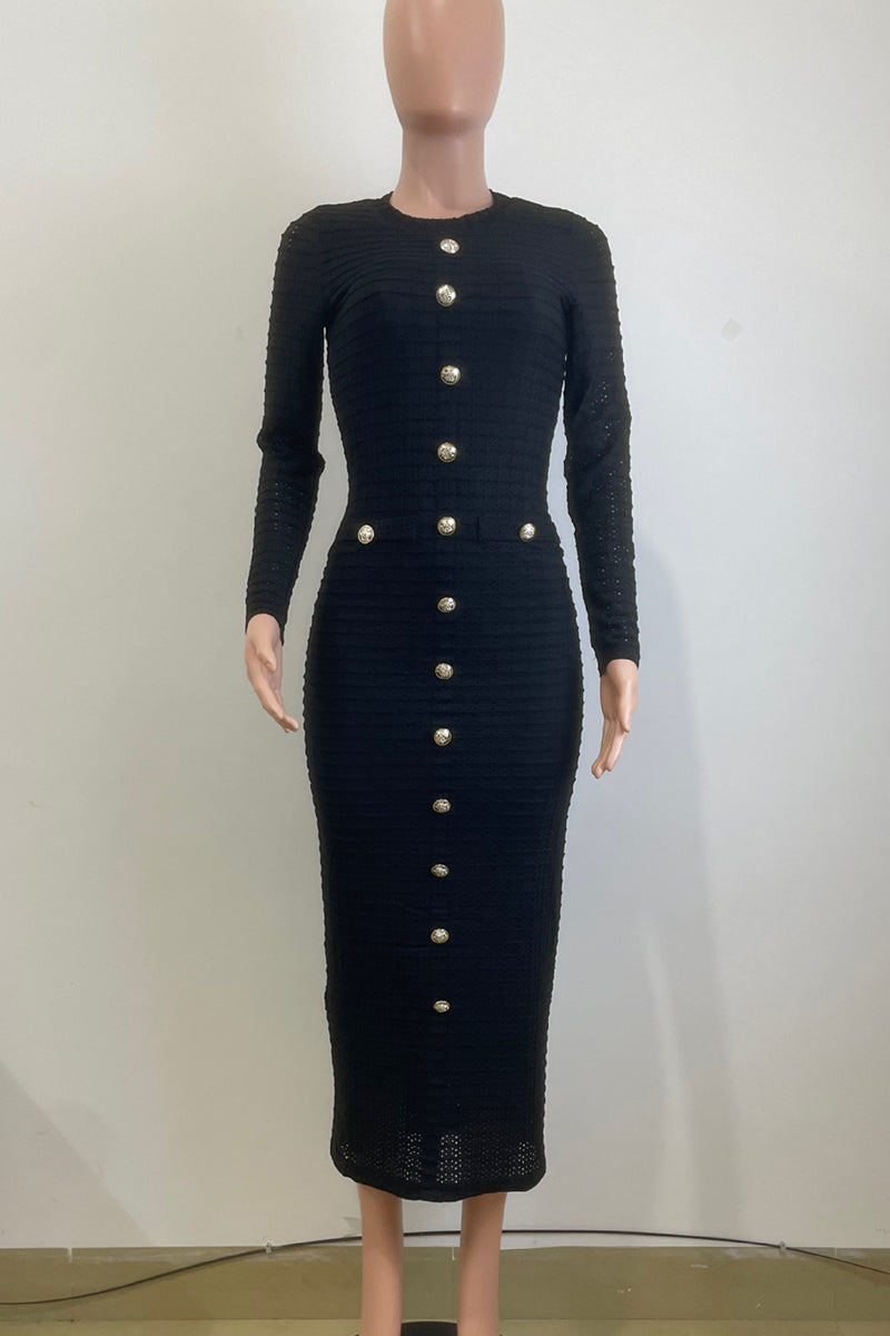Dolores® | Elegant solid color long dresses with buckle patchwork and O-neck