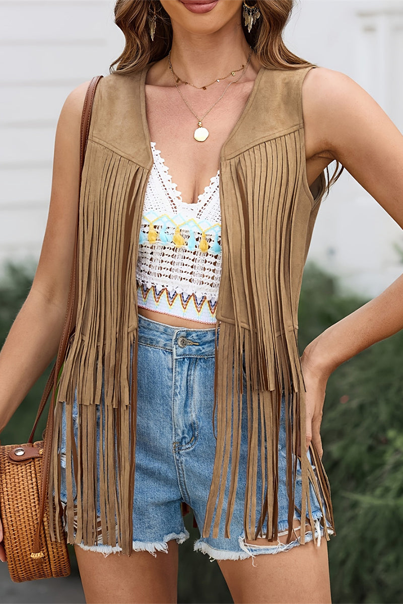 Blanca® | Casual Solid Color V-Neck Vest with Fringe Trim (6 Colors)