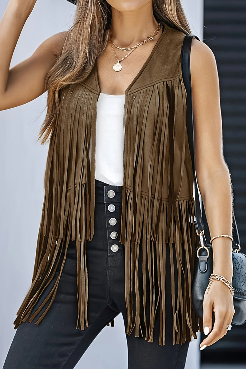 Blanca® | Casual Solid Color V-Neck Vest with Fringe Trim (6 Colors)