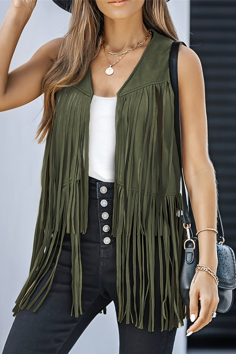 Blanca® | Casual Solid Color V-Neck Vest with Fringe Trim (6 Colors)