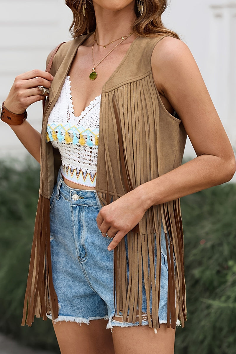 Blanca® | Casual Solid Color V-Neck Vest with Fringe Trim (6 Colors)