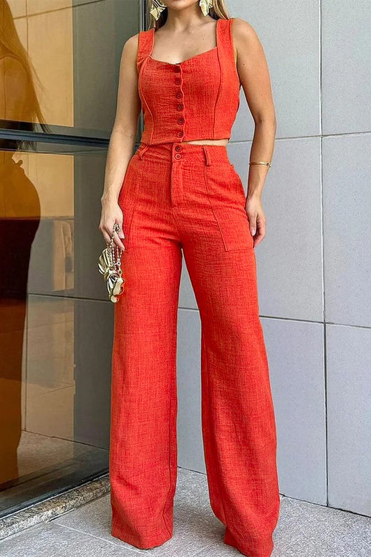 Brenda® | Casual daily sleeveless button down two piece suit with square neckline