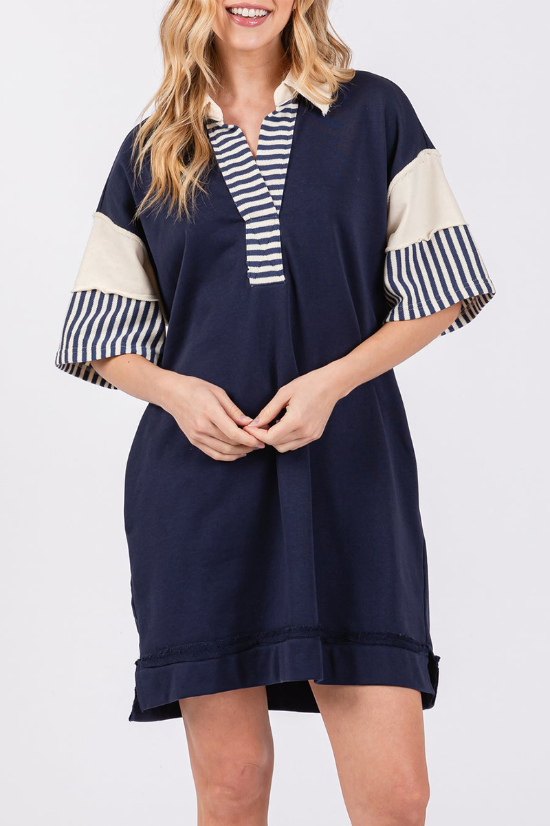 Berenice® | Casual Striped Pocket Patchwork Turn-Down Collar Short Sleeve Short Dress (5 Colors)