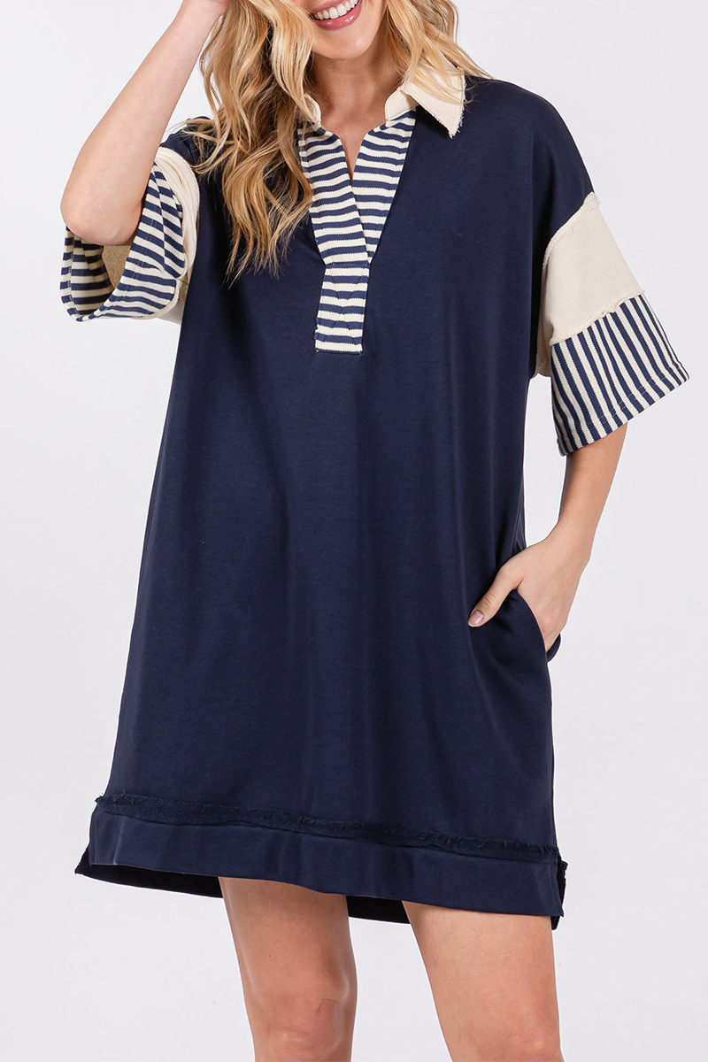 Berenice® | Casual Striped Pocket Patchwork Turn-Down Collar Short Sleeve Short Dress (5 Colors)