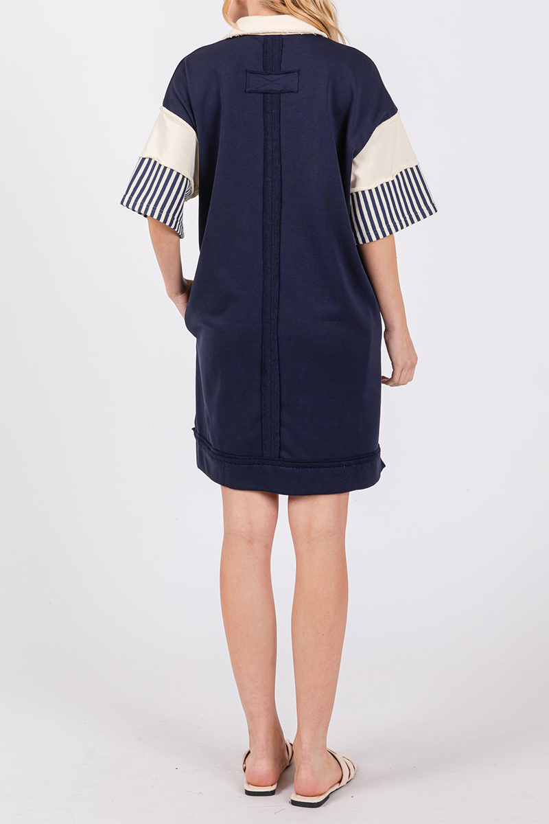 Berenice® | Casual Striped Pocket Patchwork Turn-Down Collar Short Sleeve Short Dress (5 Colors)