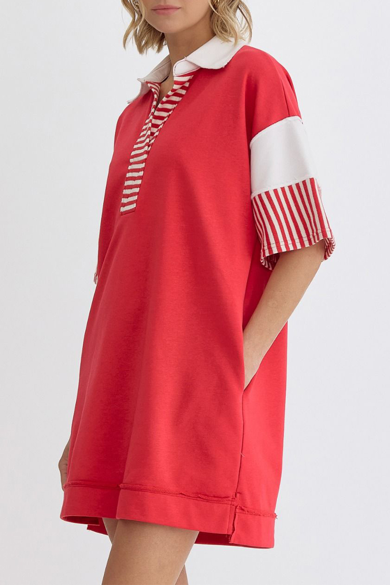 Berenice® | Casual Striped Pocket Patchwork Turn-Down Collar Short Sleeve Short Dress (5 Colors)