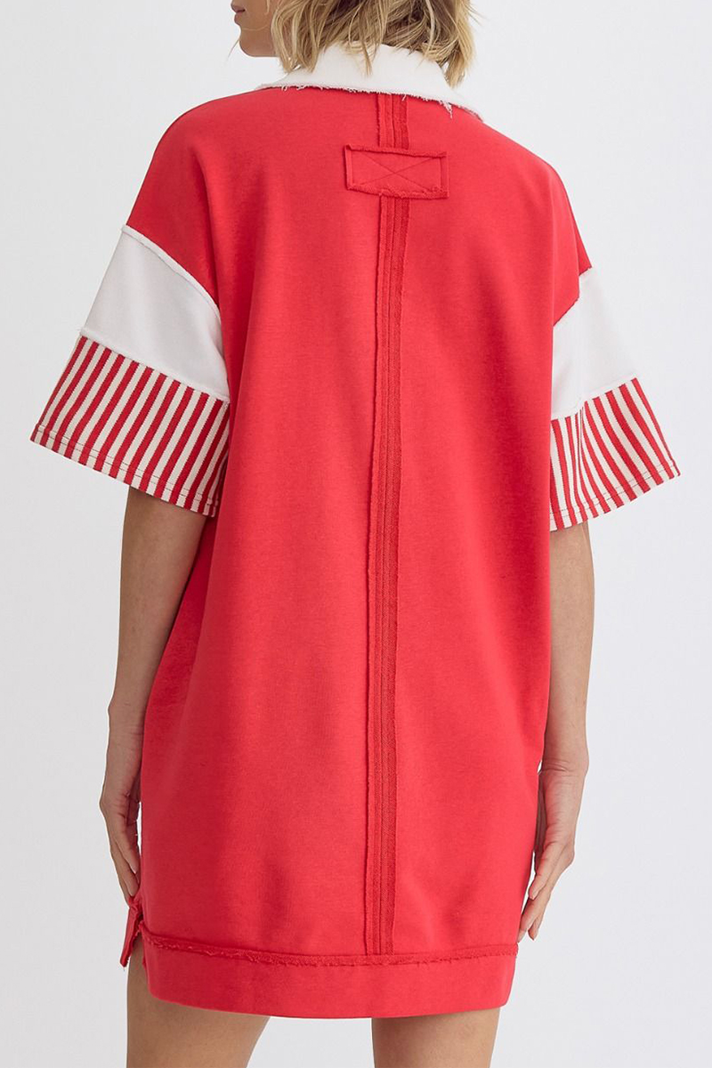 Berenice® | Casual Striped Pocket Patchwork Turn-Down Collar Short Sleeve Short Dress (5 Colors)